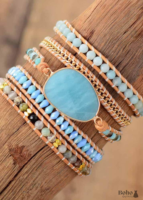 Boho Bracelet, 5 Layers Leather Wrap Bracelet, Handmade Natural Blue Stone Crystal